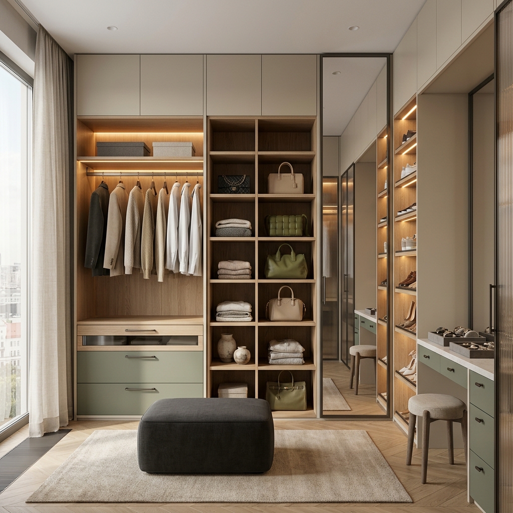 Современная гардеробная с подсветкой и зеркалом