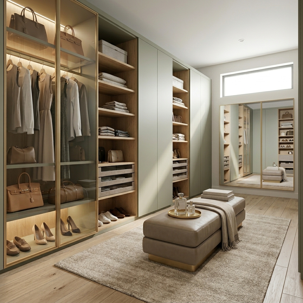 Современная гардеробная комната с подсветкой