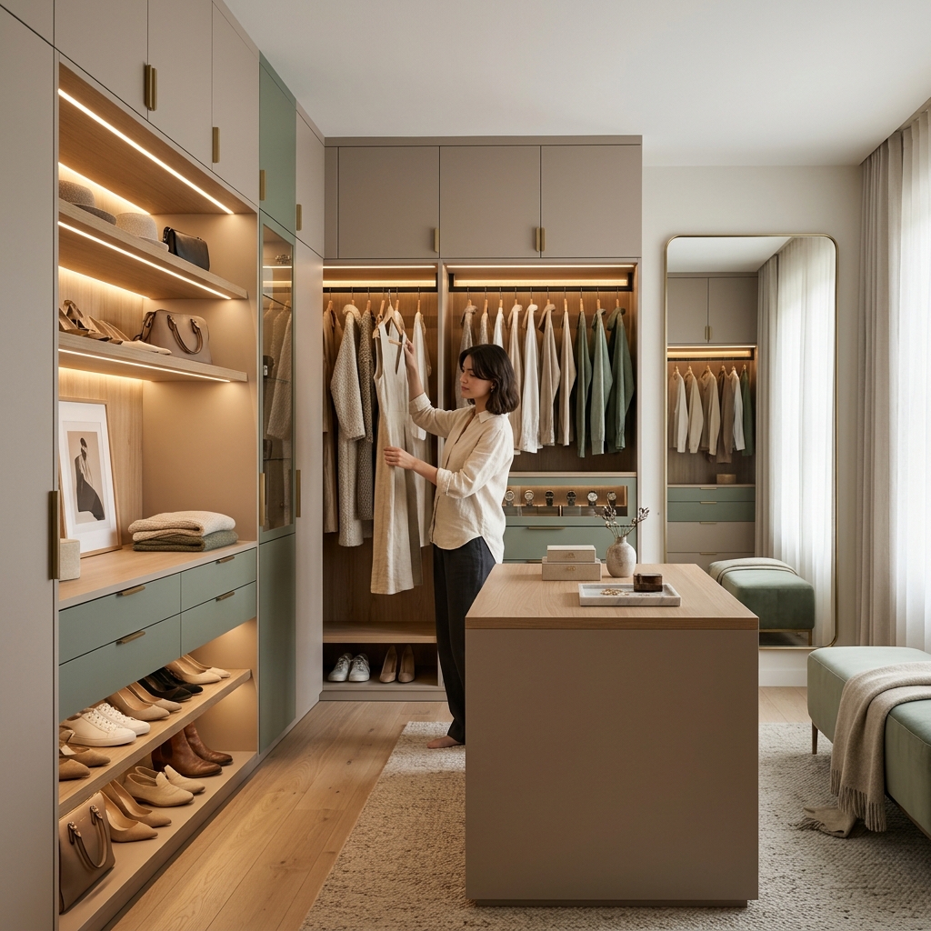 Современная гардеробная с LED-подсветкой