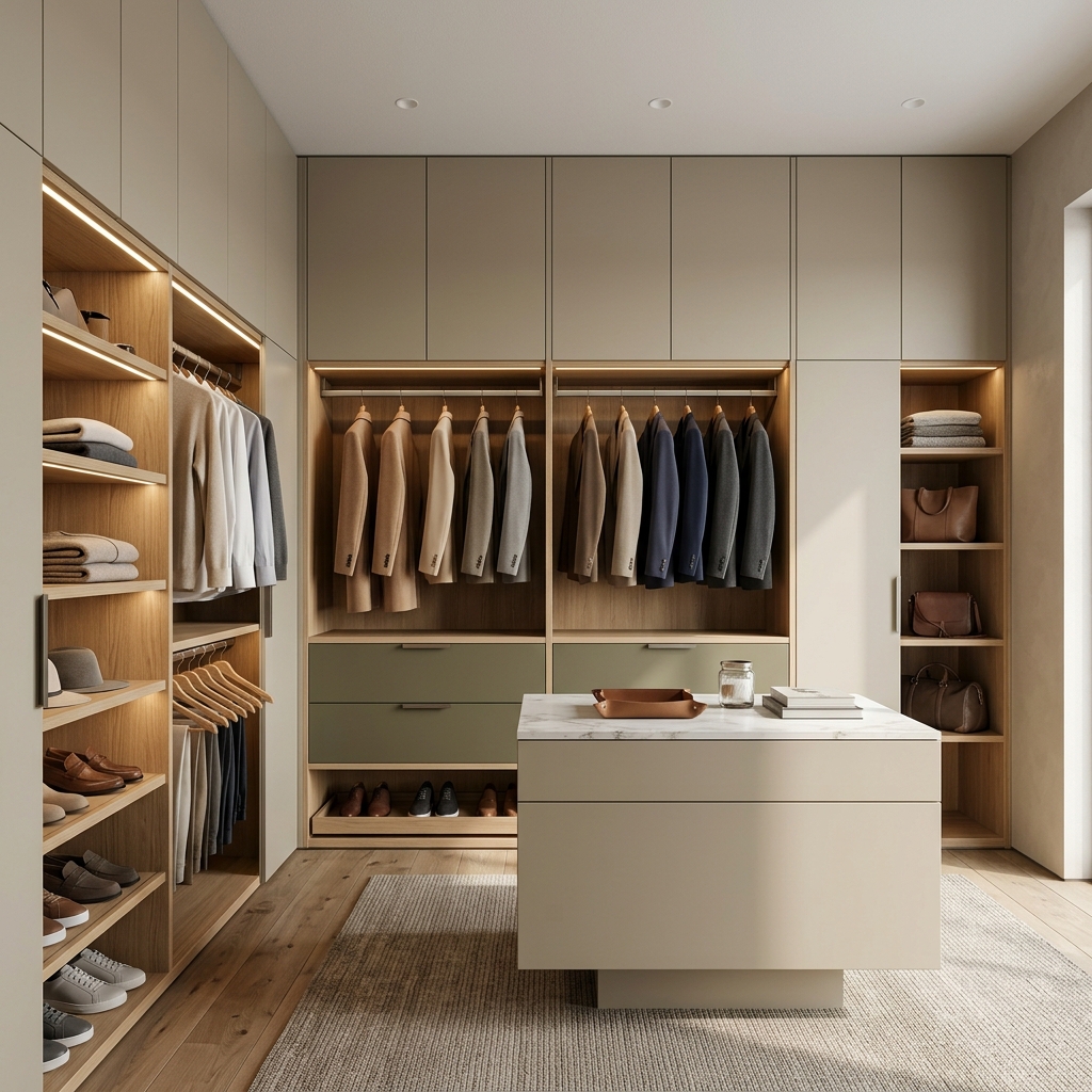 Современная гардеробная для семейного хранения