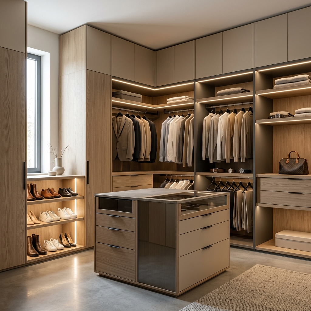 Гардеробная с островом и подсветкой