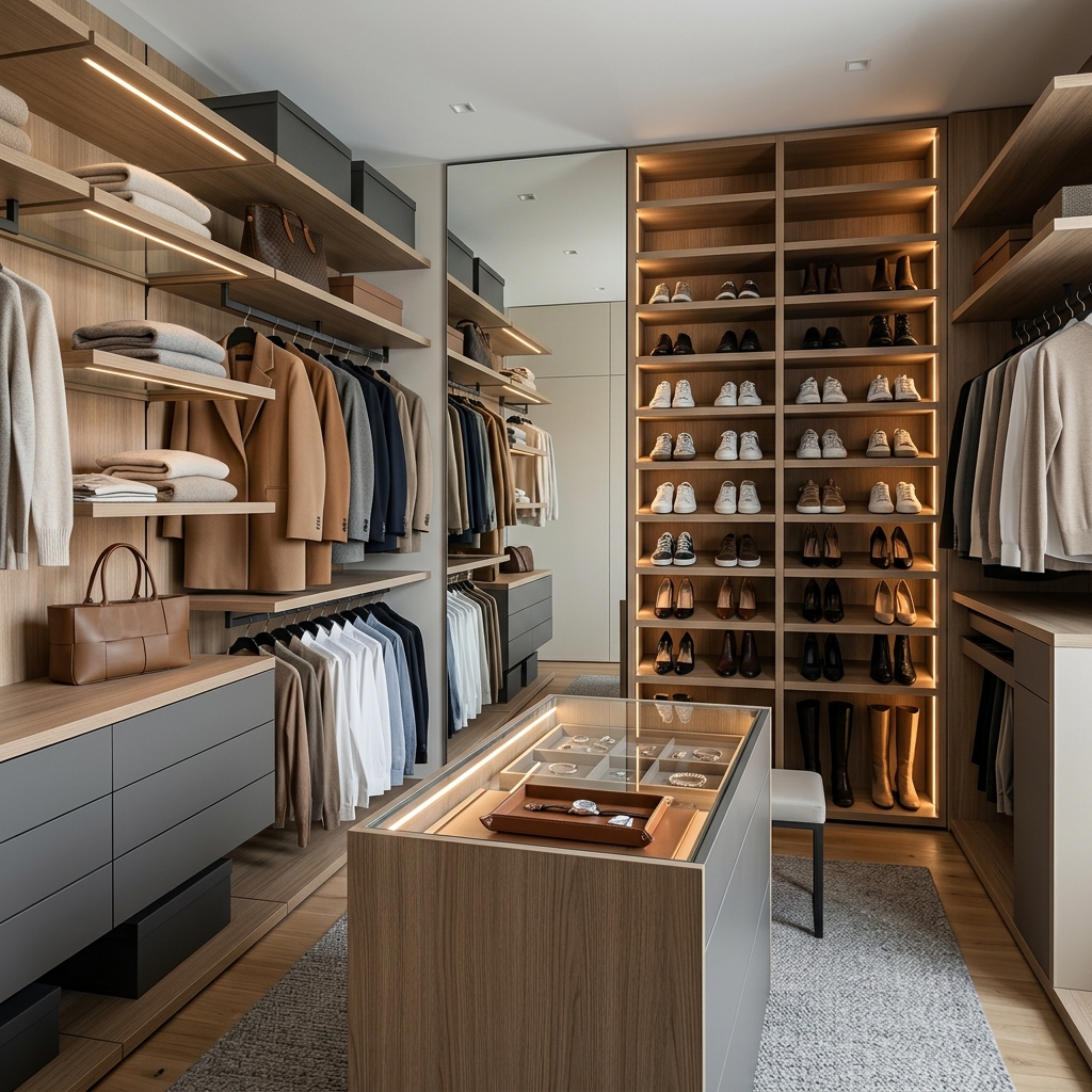 Гардеробная с подсветкой и зеркалом